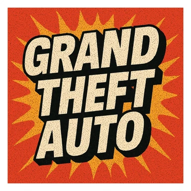 the words 'Grand Theft Auto' in a retro, comic book style, similar to the Grand Theft Auto logo, with bold black outlines and white letters sticker