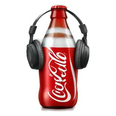 A bottle of coca cola with a face, ears and headphones sticker
