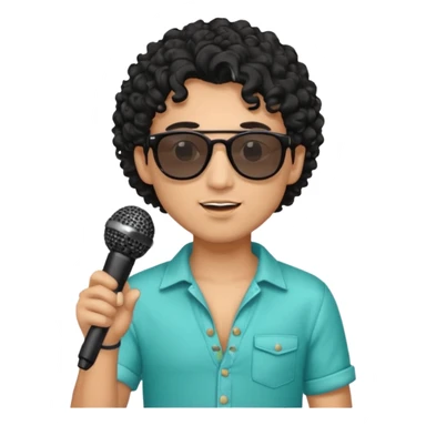 curly haired man with summer clothes and sun glasses holding microphone sticker