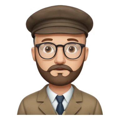 40's white male, bald with short full beard (salt and pepper color brown) with professor glasses and flat cap sticker