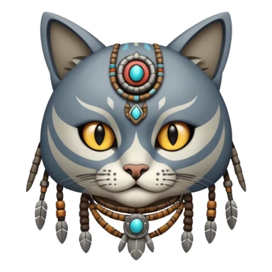 cat, wear tribal shaman cloth, half face robot sticker