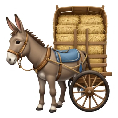 donkey harnessed to a wagon loaded with hay, wagon is large and detailed sticker