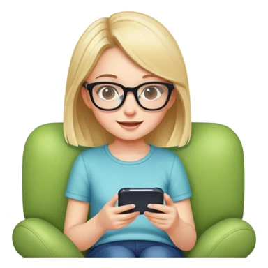 A cute young girl with glasses sitting on a couch, happily playing a mobile phone game sticker