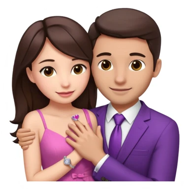 Brunette girl, with an engagement ring on her finger hugging a handsome man, (her boyfriend) both of them happy, she’s wearing a pink dress, he is wearing a suit, he’s also a rich businessman, and there is the 💜 purple heart emoji on top. They look in love with each other sticker