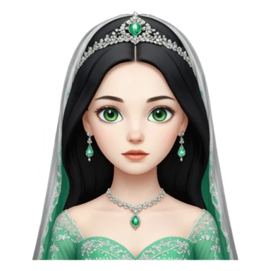 Hyper Realistic ornate ballgown long sleeve Wedding dress with diamanté on Russian bride with pale skin and green eyes and long black hair with veil hyper realistic  sticker