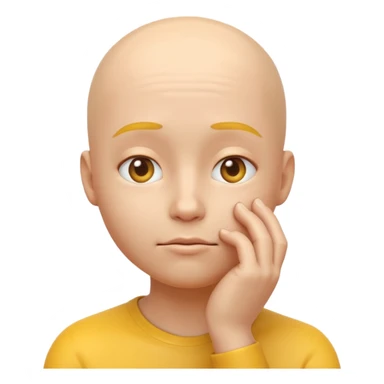 a 3D rendered yellow round face emoji with a thoughtful expression, one hand touching the chin in a pondering pose, no hair, smooth glossy surface, realistic shading and soft studio lighting, subtle reflections for depth, clean white background, high-quality digital render sticker