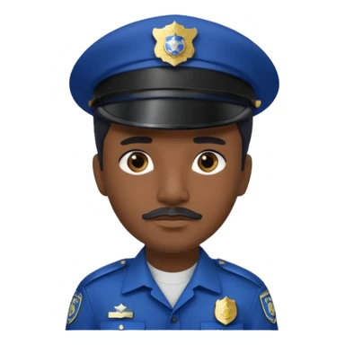 A police officer with dark skin tone, wearing a dark blue police cap with a silver badge in the center, short black hair mostly covered by the cap, large brown eyes, a small black mustache, and a neutral expression. sticker