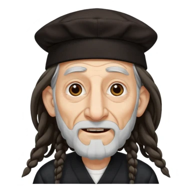 Jewish elderly man emoji with long dread hair on the sides and jewish hat, long big nose and crooked teeth sticker