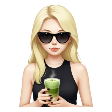 Blonde girl with pale skin and long hair with black cat eye sunglasses in black tank top and matcha latte sticker