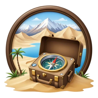 Icon for Expeditions: a compass, a map, a backpack and a rugged expedition jeep, set against a backdrop of snowy mountains, sand dunes and tropical islands. The icon should capture the spirit of adventure and exploration in diverse landscapes. Transparent background. sticker