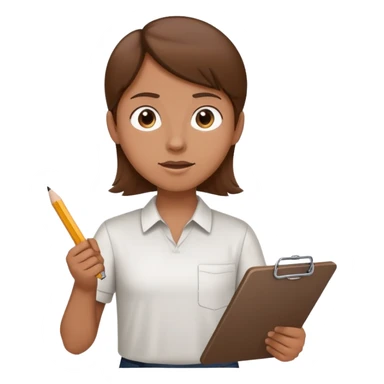 Intern or volunteer with brown hair holding a clipboard and pencil, ready to take notes or assist. The character wears a simple shirt and has an eager posture sticker