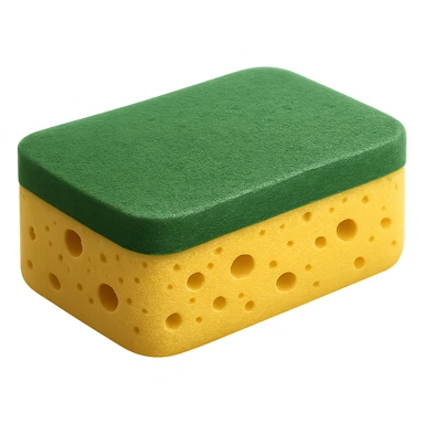 Show only one rectangular kitchen sponge with rounded edges. Dual-layer: soft, porous yellow base and green scrub layer on top. Texture is slightly springy and detailed, with tiny holes and surface grain. No soap, water, hands, or background elements, no faces. Clean, natural 3D rendering, soft lighting, subtle shadows, transparent background, emoji scale, optimized for clarity, texture, and recognizability at small size. The style should be clean and natural 3D rendering with soft lighting and subtle shadows, optimized for emoji scale. sticker