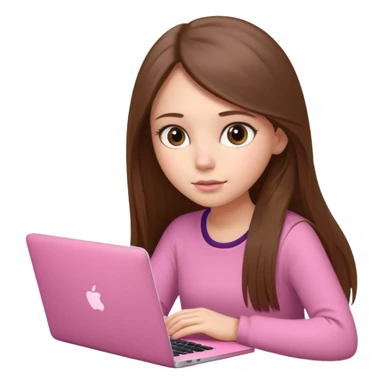 Chica lacia peli larga y peli larga  en una MacBook rosa investigando y haciendo tareas con un libro de apuntes y con cara muy linda como modelo sticker