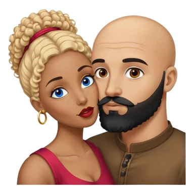 bald head man with brown eyes and black beard kissing African woman with blue eyes and curly blonde hair sticker