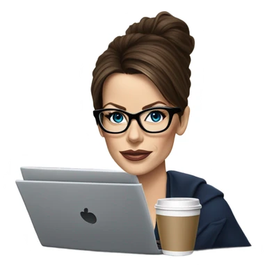 Hyper Realistic Kate Beckinsale dark blue eyes wearing glasses drinking coffee at a laptop  sticker