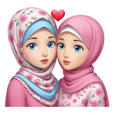 Two Turkish beautiful finish Konya friendly girls blue eyes with pink floral hijab and heart dress and Scattering kisses outside  sticker