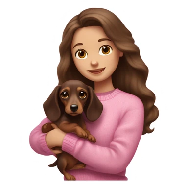 Brunette white girl with long wavy hair in a pink sweater holds a dark brown and cream dachshund long-haired puppy in her arms sticker