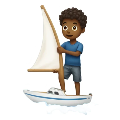 boy using hair dryer to dry sail of boat sticker