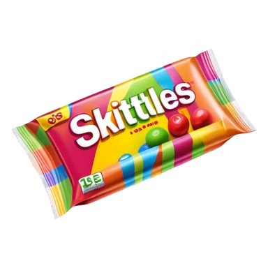 A damaged Skittles package repaired with strips of clear scotch tape, colorful packaging with rainbow colors, minimalist sticker