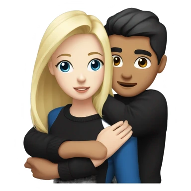 Blonde girl with blue eyes in black sweater and an east asian man with black hair and black eyes hugging sticker