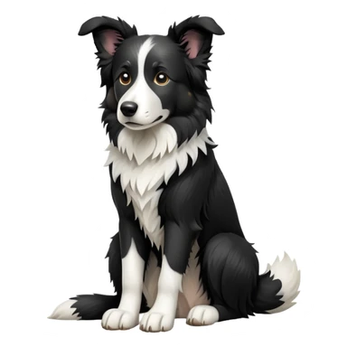 cinematic-[border collie dog]-realistic-full-body-sitting-emoji,-tail-resting-loosely-beside-its-paws,-head-tilted-dramatically,-scruffy-[black and white]-fur,-simplified-yet-realistic-focused-features,-highly-detailed,-glowing-with-an-almost-sarcastic-glow sticker