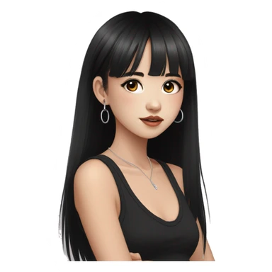 Korean girl, black tank top, black hair, black eyes, layered hair, cool girl, aesthetic, long hair, hime cut, blunt bangs, small silver hoop earrings sticker
