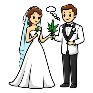 Bride in white dress and groom in tuxedo sharing a cannabis joint, cheerful cartoon wedding couple sticker