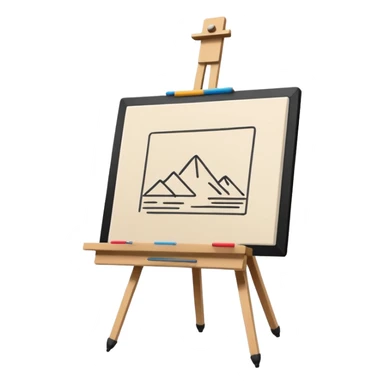 Minimalistic flat vector icon, iOS style, thin black contour on white background. Easel holding a canvas with simple sketch lines, pencil beside it. No text, no shadows sticker