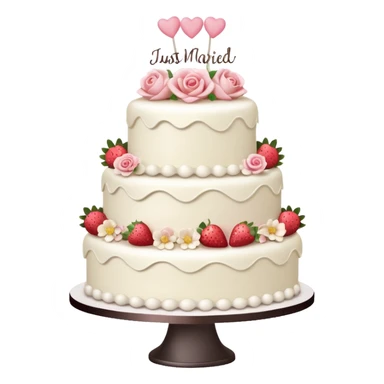 white wedding cake with strawberries, pink roses, 'Just Married' topper sticker