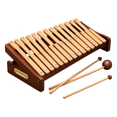 Create a detailed and professional emoji representing a Fleet FLT-SX37 long orchestral wooden xylophone. The design should showcase the large wooden bars of the xylophone, arranged in a traditional setup, with soft metallic accents on the mallets. The bars should have a rich wood texture, with polished details to reflect the quality of the instrument. The mallets should be held above the bars, with the heads clearly visible. Use warm, rich wood tones like mahogany and light brown, with silver or metallic accents for the mallets. Add subtle musical notes floating above the xylophone to emphasize its melodic sound. The background should be transparent. sticker