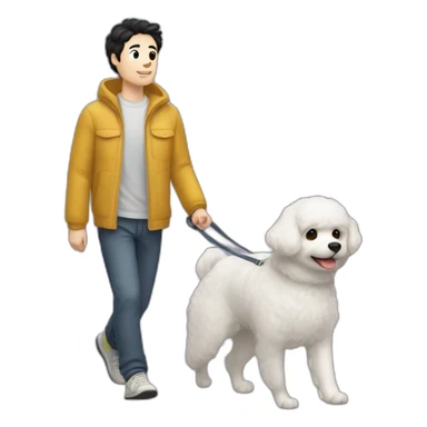 a 32-year-old man with pale skin and black hair going for a walk with a female 9-year-old Bichón Frisé dog. There shouldn't be a third person in the image, sticker
