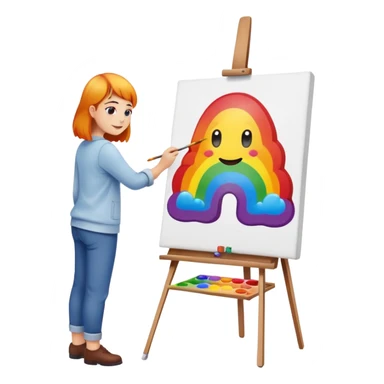artist painting a rainbow poop emoji on an easel sticker