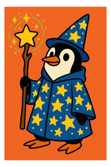 a penguin wizard with a starry robe and a magical staff, whimsical cartoon style sticker