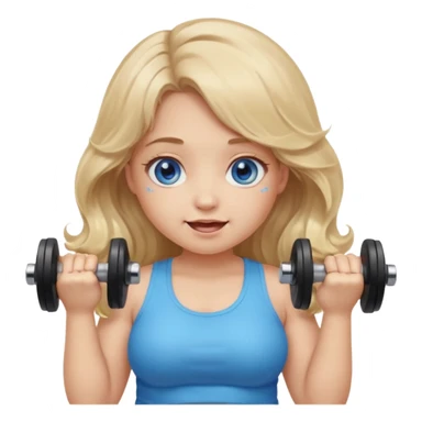 Kawaii emoji girl with big  blue glossy eyes, long wavy dirty blonde hair, happy expression, holding a dumbell, chubby cheeks, soft pastel colors, cozy and sweet aesthetic, clean background. sticker