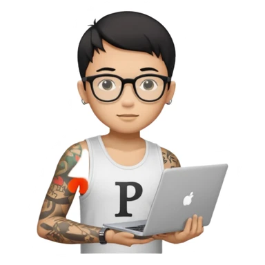 A young boy with A macbook laptop, black straight short hair, wearing glasses, wearing a tanktop, has tattoos, he is asian, no earrings, he's holding a laptop

Add the letters "P I F" floating around sticker