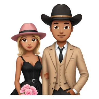 couple in front of Eiffel Tower, man in black cowboy hat, woman in elegant Parisian style dress with out hat, pink flowers around and Eiffel Tower in the background  sticker