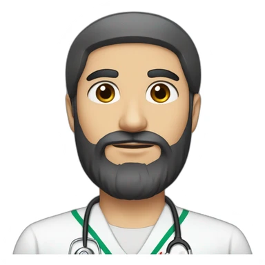 An Iranian man with fair skin, with relatively long hair and an English model, with a medical uniform and a medium-shaded black beard, handsome black eyes and a round face and big lips. sticker