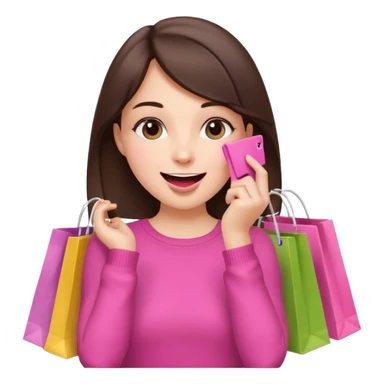 A happy brunette girl holding shopping bags with one hand on her mouth, just like the 🤭 emoji, in pink color scheme. sticker