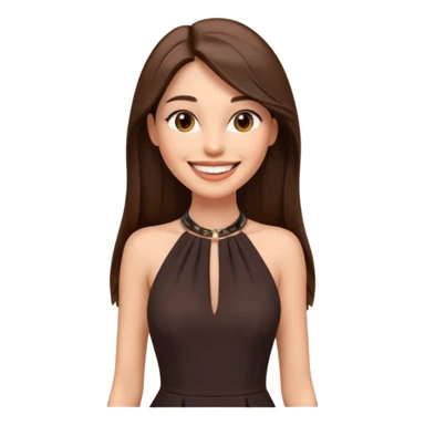 emoji-style illustration of a stylish pretty big smile woman with long straight brown hair, wearing a dark halter neck dress, elegant and chic slayed look, front-facing, soft 3D cartoon rendering, plain background sticker