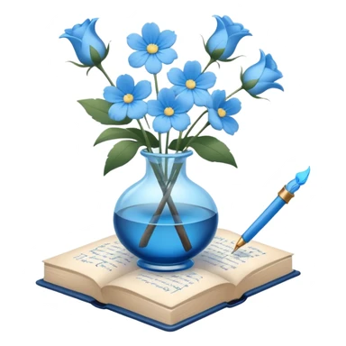 old blue book with light blue flowers in a glass vase and a writing quill, clean and minimal style, iOS emoji sticker