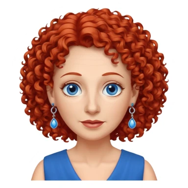 una profesora mayor simpática con el pelo rojo rizado, ojos azules, vestido azul y pendientes azules hablando sticker