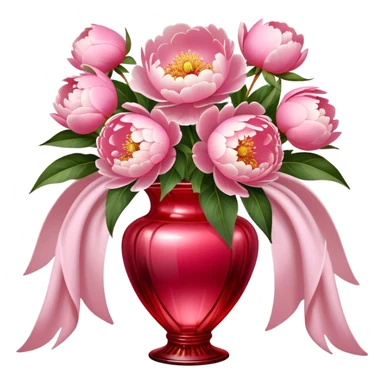 Lush Shell Pink peonies bloom gracefully in a Venetian Red glass vase, their soft petals glowing in the light. An Angel Pink silk bow drapes elegantly around the vase, adding a touch of delicate romance." sticker