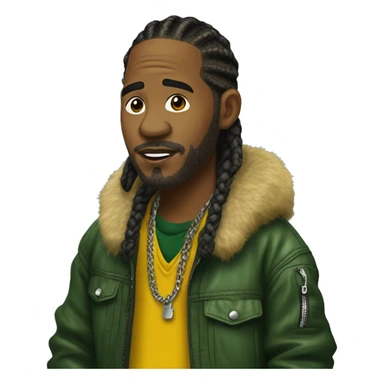 Side profile of a hip hop artist with braids. He has an arm extended down, holding a mic. He's wearing a very dark green crocodile jacket. The jacket has a furry yellow mustard collar.  sticker