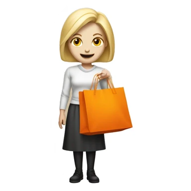 Design a white-skinned, blonde emoji-style character (iPhone aesthetic) holding an orange shopping bag labeled 'MULT EMBALAGENS sticker