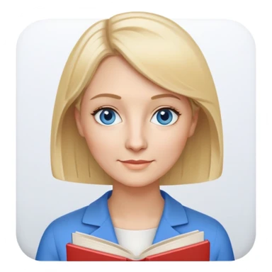 Mrs. Maria, math and artificial intelligence teacher, no glasses, thin nose, blonde eyebrows, blonde bob hair, blue eyes, holding a book sticker