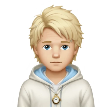 Create a look for a blond boy with long, tousled hair, light eyes, a white sweater, a wealthy appearance, blue eyes, and accessories like a Rolex or Cartier watch, and a cute face with messy hair down. blue eyes + + pajama white fluffy + hood fluffy sticker
