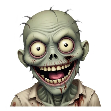 Cinematic Comical Zombie Portrait Emoji, with a grotesquely exaggerated yet playful decaying face in muted ashen tones, head cocked in a dramatically shocked expression with wildly comical, googly eyes and a gaping, silly grin revealing quirky stitches, simplified yet hilariously expressive, highly detailed with a soft eerie glowing outline capturing the absurd humor of a zombie in comic disbelief! sticker