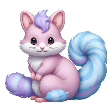 cotton-candy mist pink-blue-lilac fur whipped into cloud-soft spirals beautiful elegant pretty precious cute  Fakémon-Pokémon-opossum-feline-serval-caracal-chinchilla-Furret-Minccino-hybrid-creature with a big fluffy bushy tail (full body) sticker