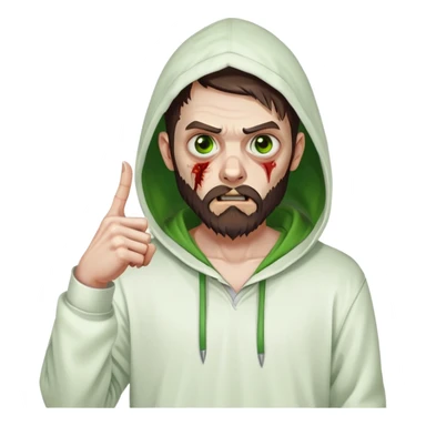 zombie pointing finger, undercut hairstyle with dark brown hair, short full beard, heterochromia with one green eye and one brown eye, wearing plain white hoodie with hood up sticker