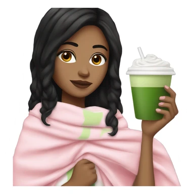 White girl with black hair holding matcha latte with pink blanket sticker